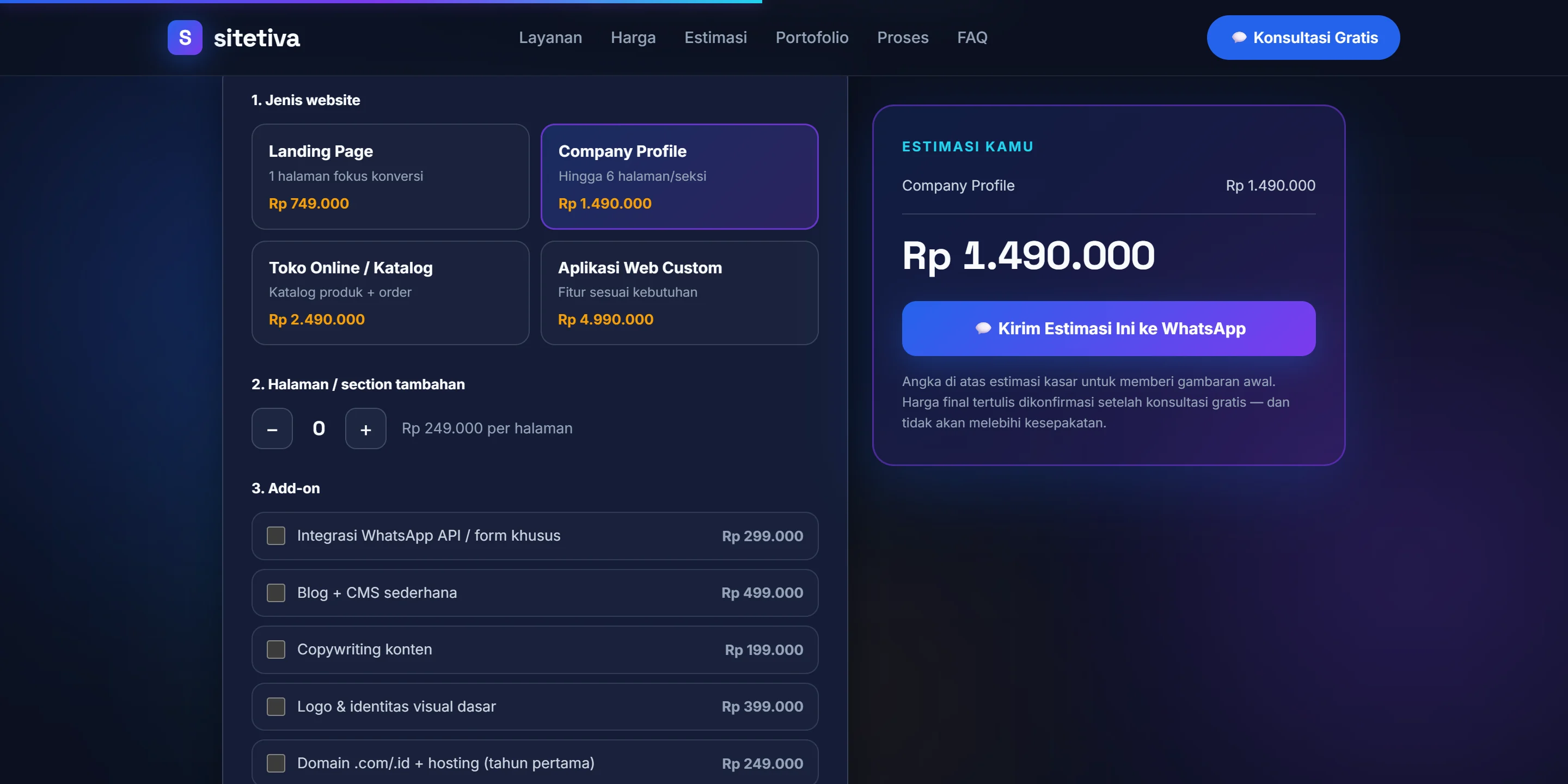 Tampilan Kalkulator estimasi situs Sitetiva