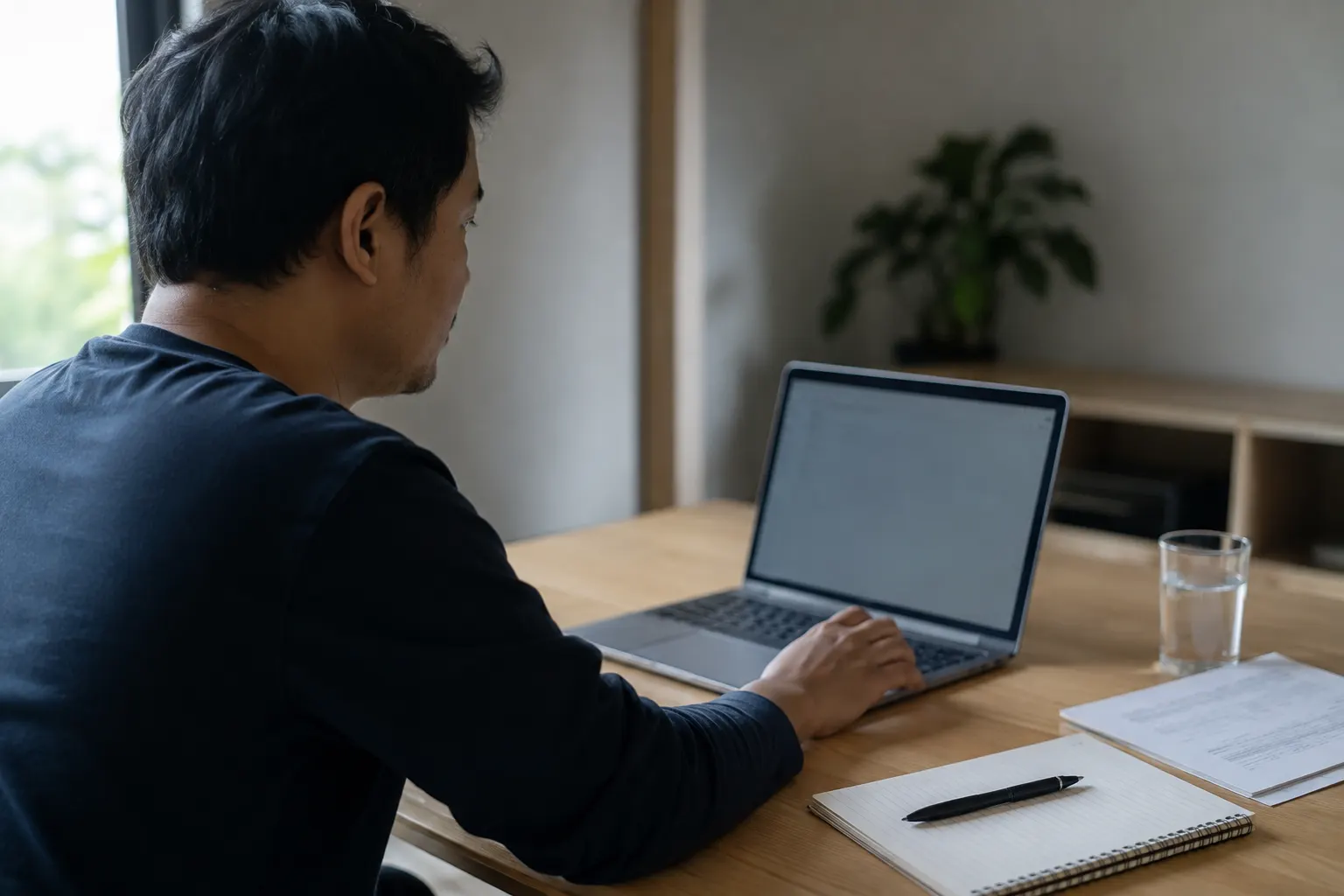 Meja kerja dengan buku catatan berisi angka, kalkulator, dan laptop yang menampilkan grafik